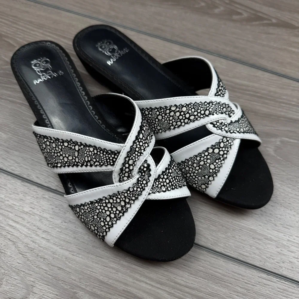 Rara Avis Womens Wedge Sandals Lace Detail Black White 8.5M